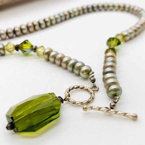🔥 Vintage Deco Green Crystal Pendant Pearl Necklace 💚 - Picture 10 of 13
